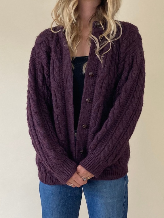 90s Purple Hand Knit 100% Wool Cardigan // Leather