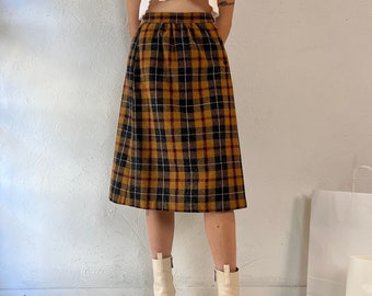 80s Yellow Plaid Midi Skirt / XS