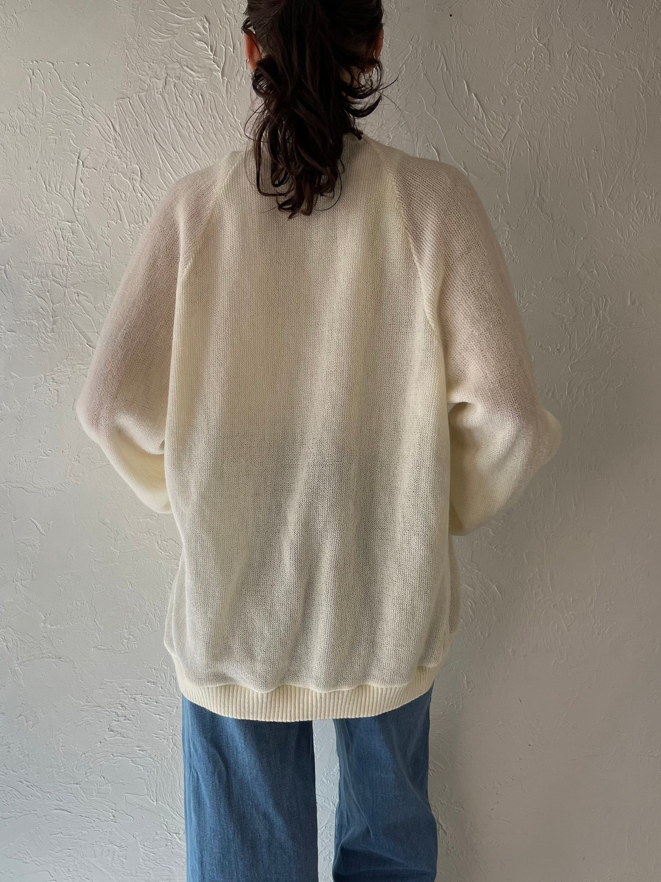 90s 'jantzen' White Acrylic Mohair Cardigan Sweater / Medium