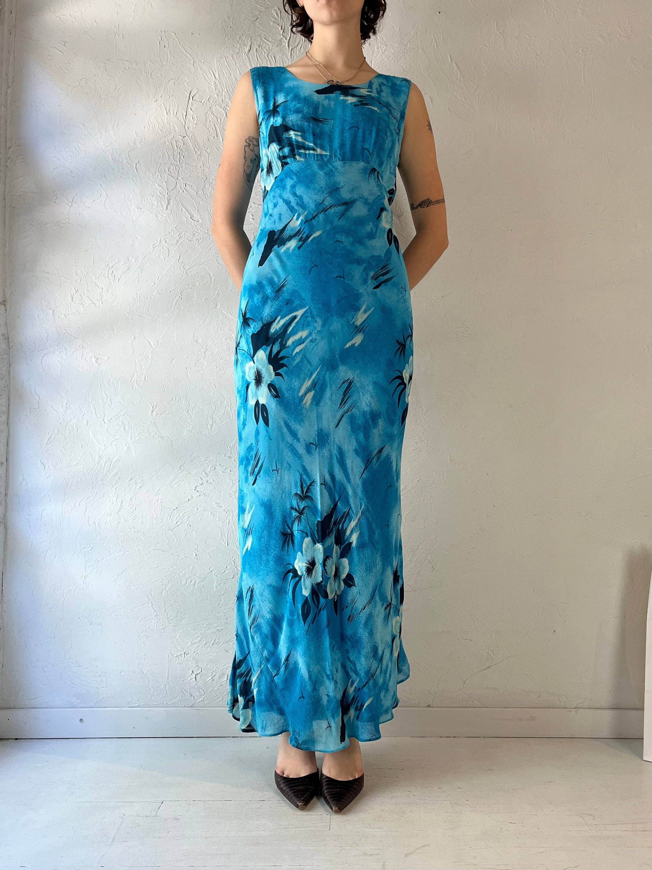 90s 'american Angel' Blue Floral Print Maxi Dress / Medium