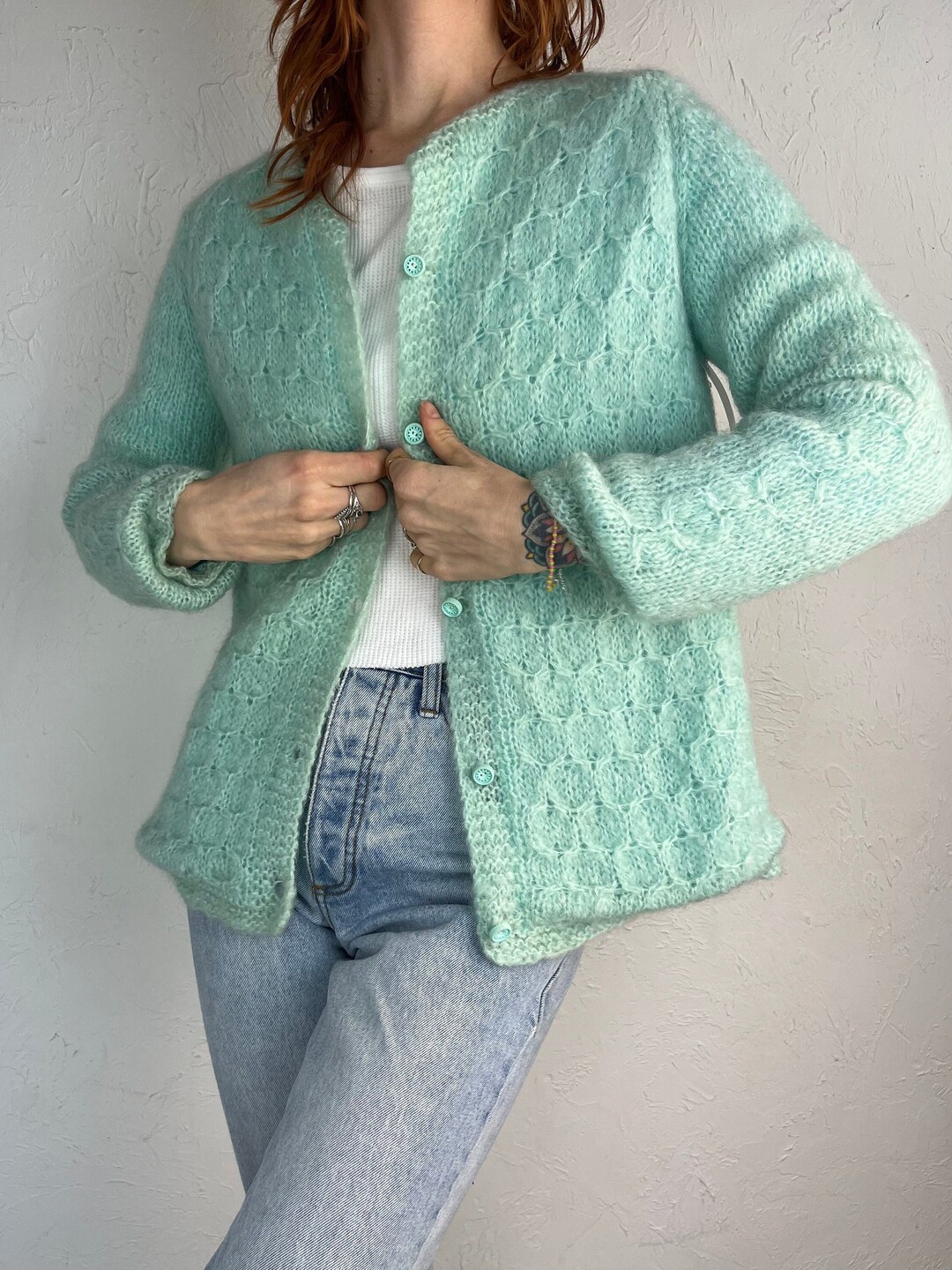 80s Handmade Teal Mohair Knit Cardigan Sweater - Etsy