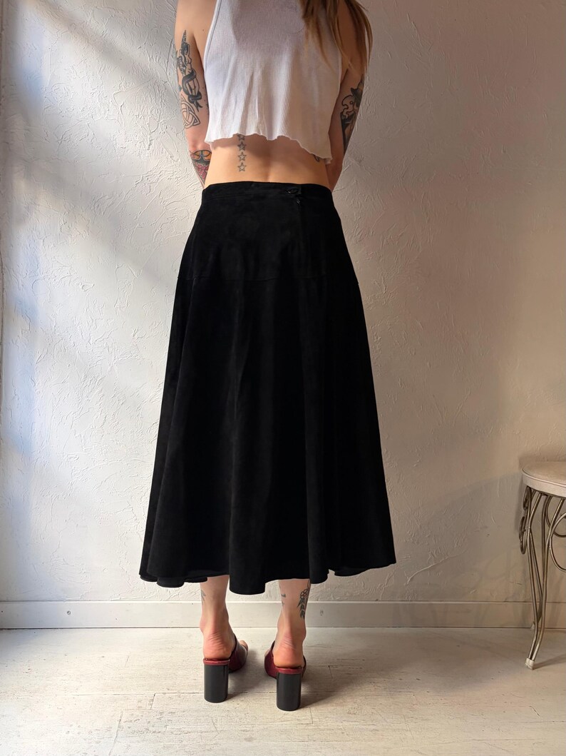 80s 'Maglia' Black Suede Leather Midi Skirt / Medium
