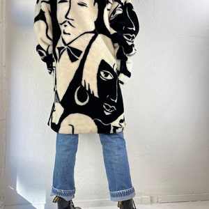 80s 'Donny Brook' Faux Fur Art Deco Picasso Black and White Faces Coat / One Size image 5