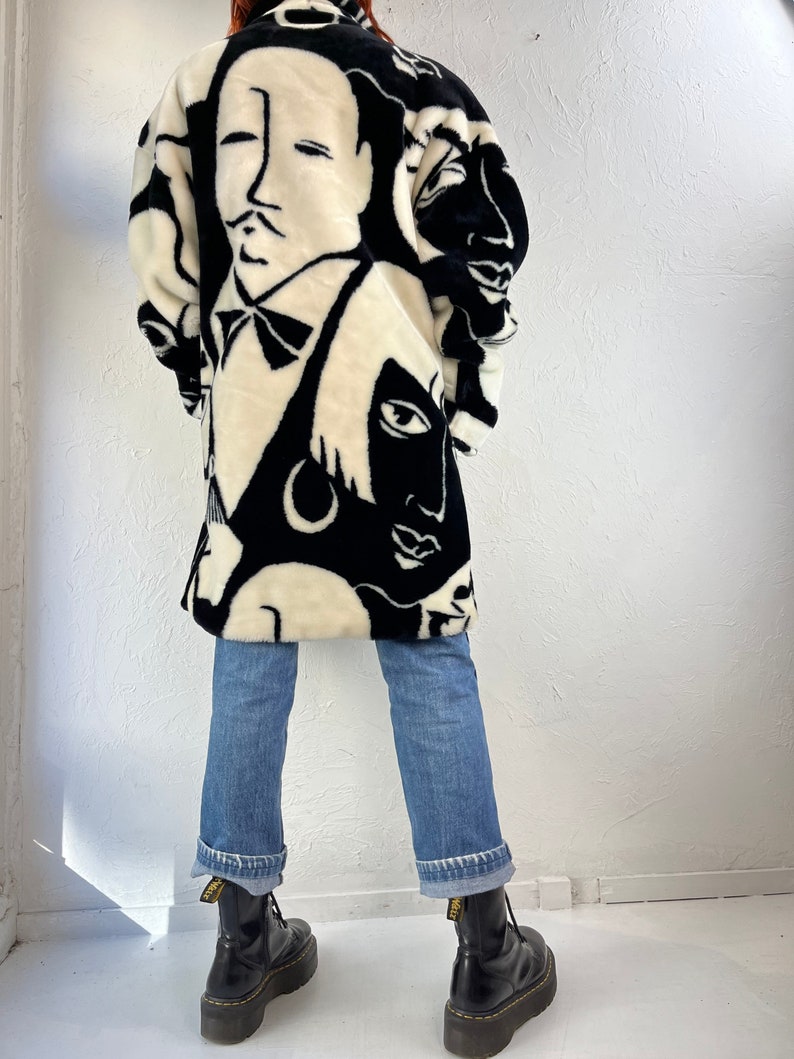 80s 'Donny Brook' Faux Fur Art Deco Picasso Black and White Faces Coat / One Size image 5