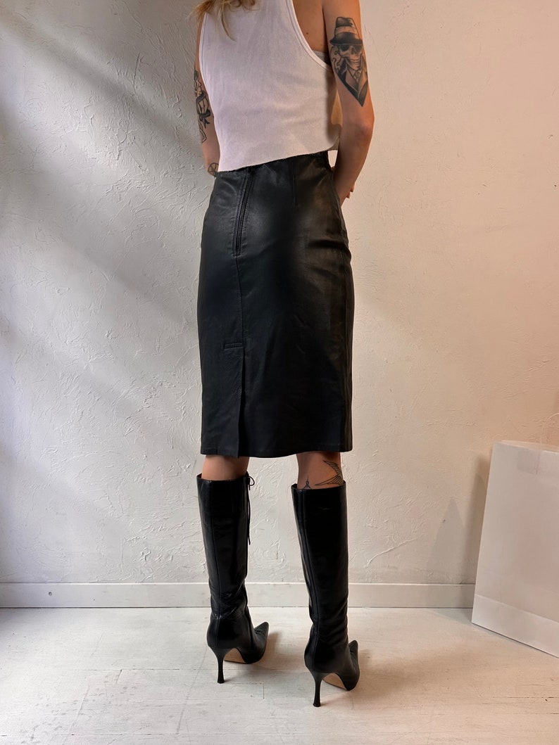 Vintage Handmade Black Leather Pencil Skirt / Small