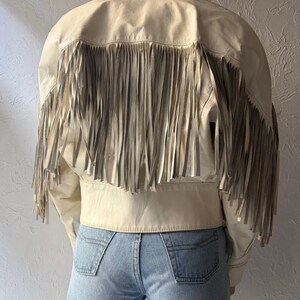 90s 'The Leather Ranch' White Leather Fringe Western Bomber Jacket / Vintage 1990s Retro Cowgirl Cropped Jacket / Small