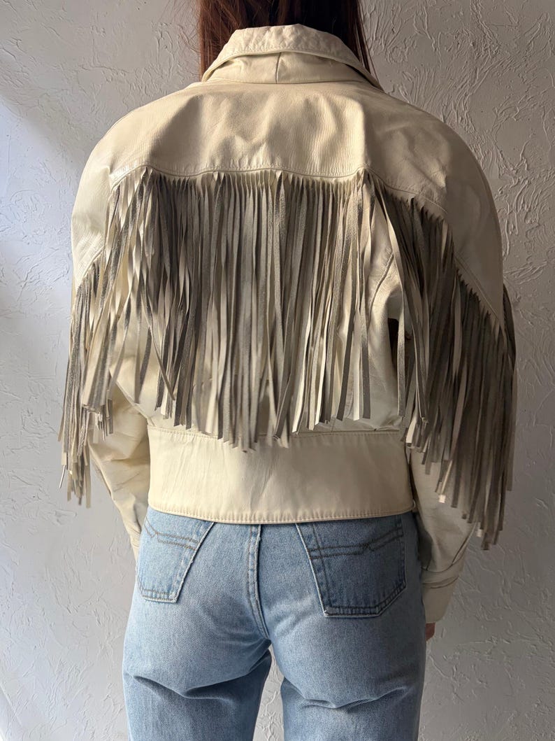 90s 'The Leather Ranch' White Leather Fringe Western Bomber Jacket / Vintage 1990s Retro Cowgirl Cropped Jacket / Small