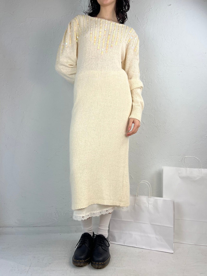 90s 'Raoul' Cream Knit Sequin Long Sleeve Sweater Dress / Small image 1