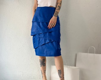 90s 'Danier' Blue Leather Midi Skirt / Medium