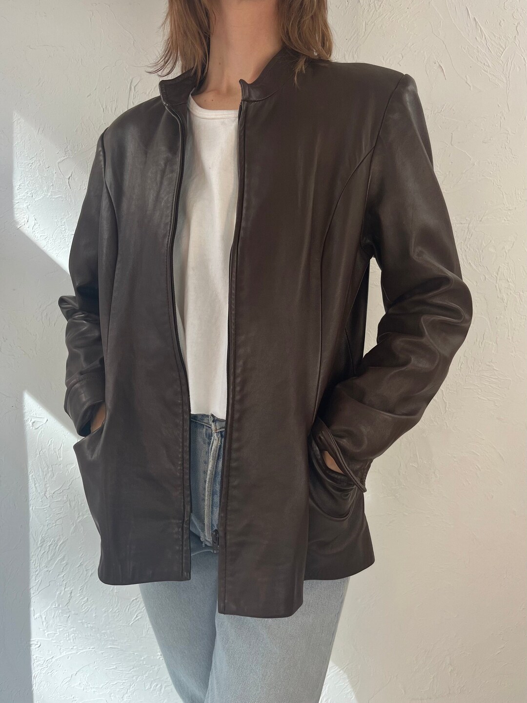 90s danier Brown Leather Zip up Jacket Medium Etsy