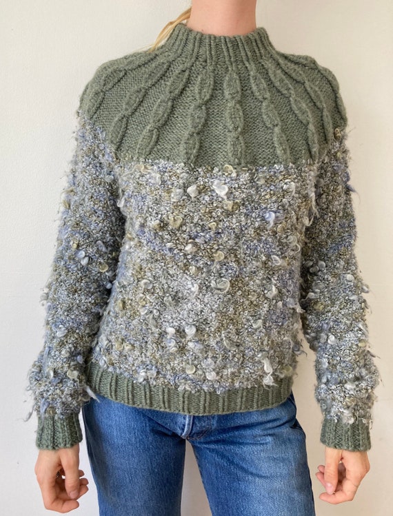 90s Two Toned Mock Neck Chunky Knit Wool Sweater /