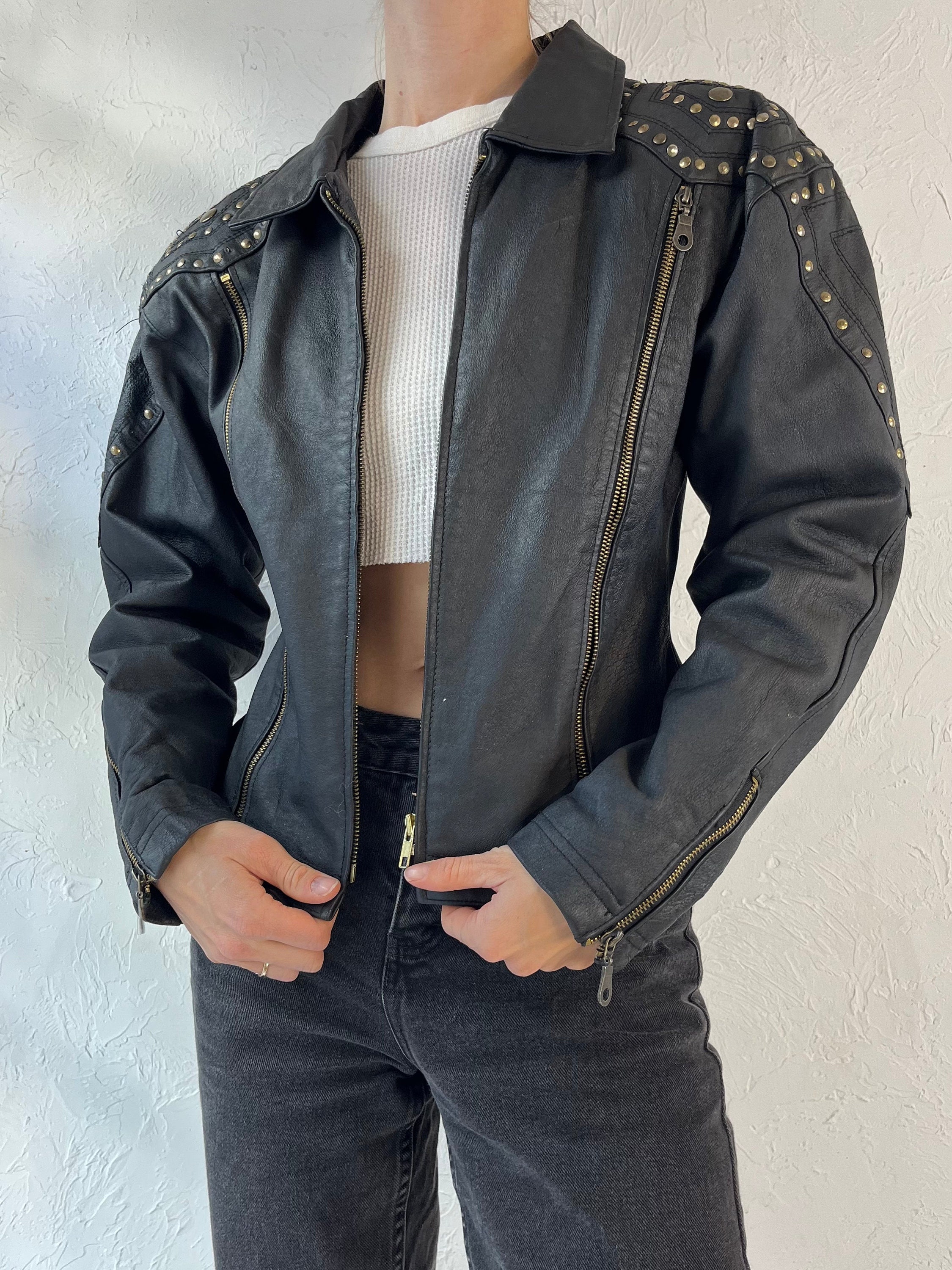 90s 'Boutique of Leathers' Black Studded Leather Jacket / Medium