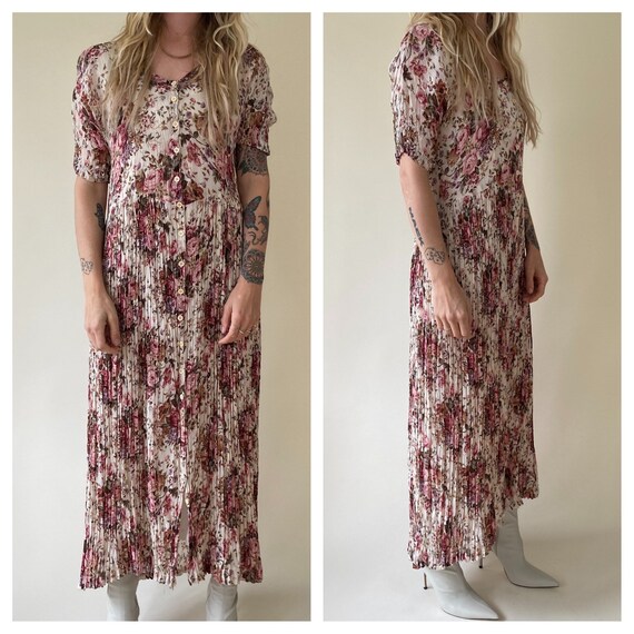 90s Floral Print Rayon Maxi Dress // Button Up Gru