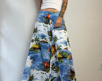 70s Hawaiian Print Extra Wide Leg Bell Bottoms / Medium