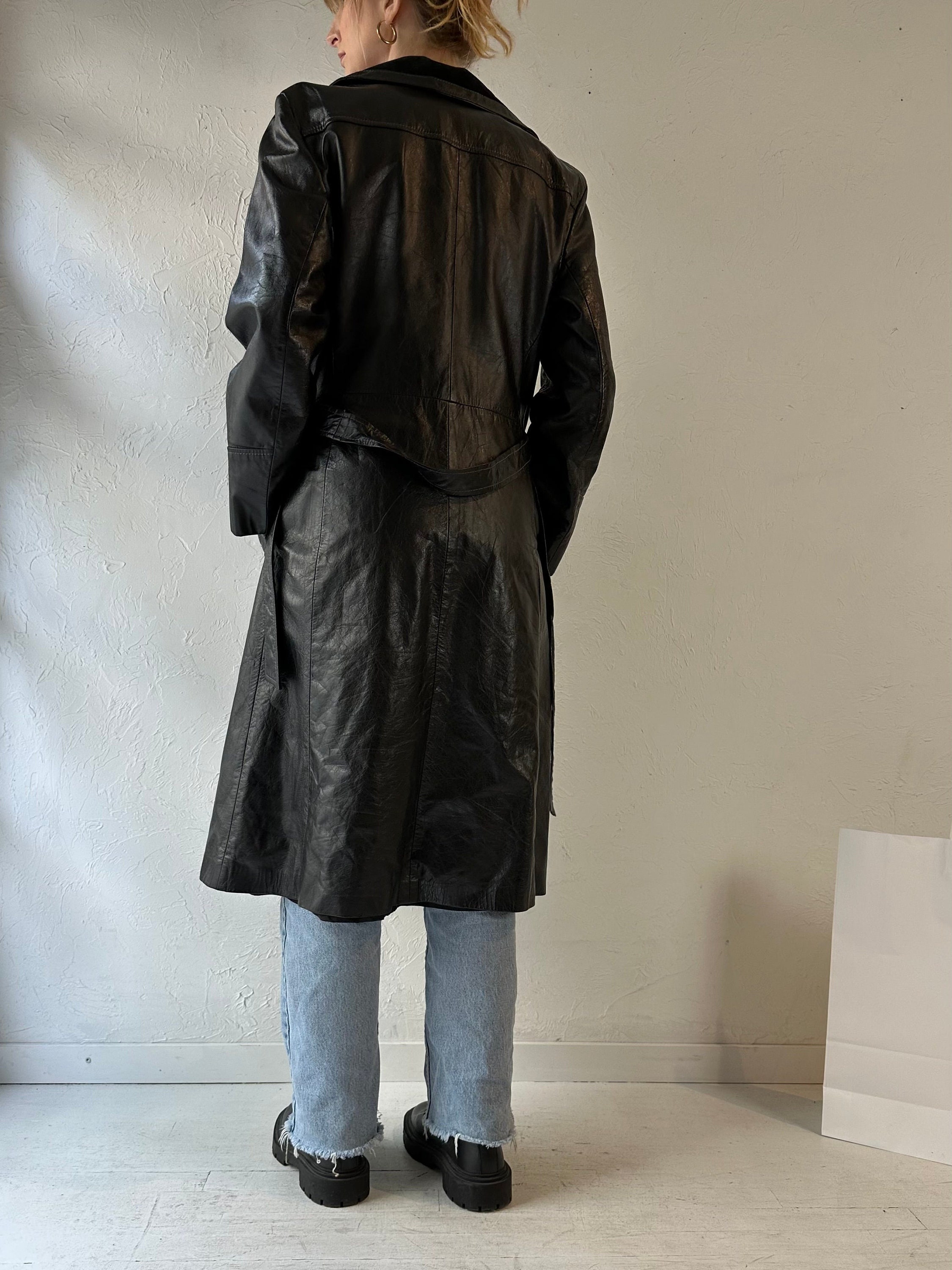 【希少品】Vintage Leather Long Trench Coat Vintage Black Leather Trench Coat. Originally Women Size S