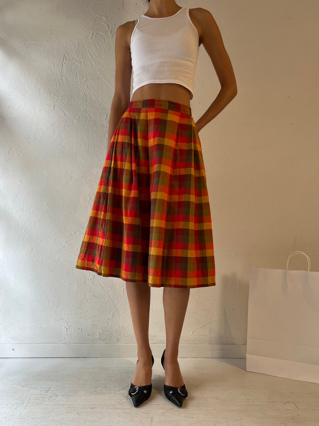 Red Plaid Tiered Midi Skirt