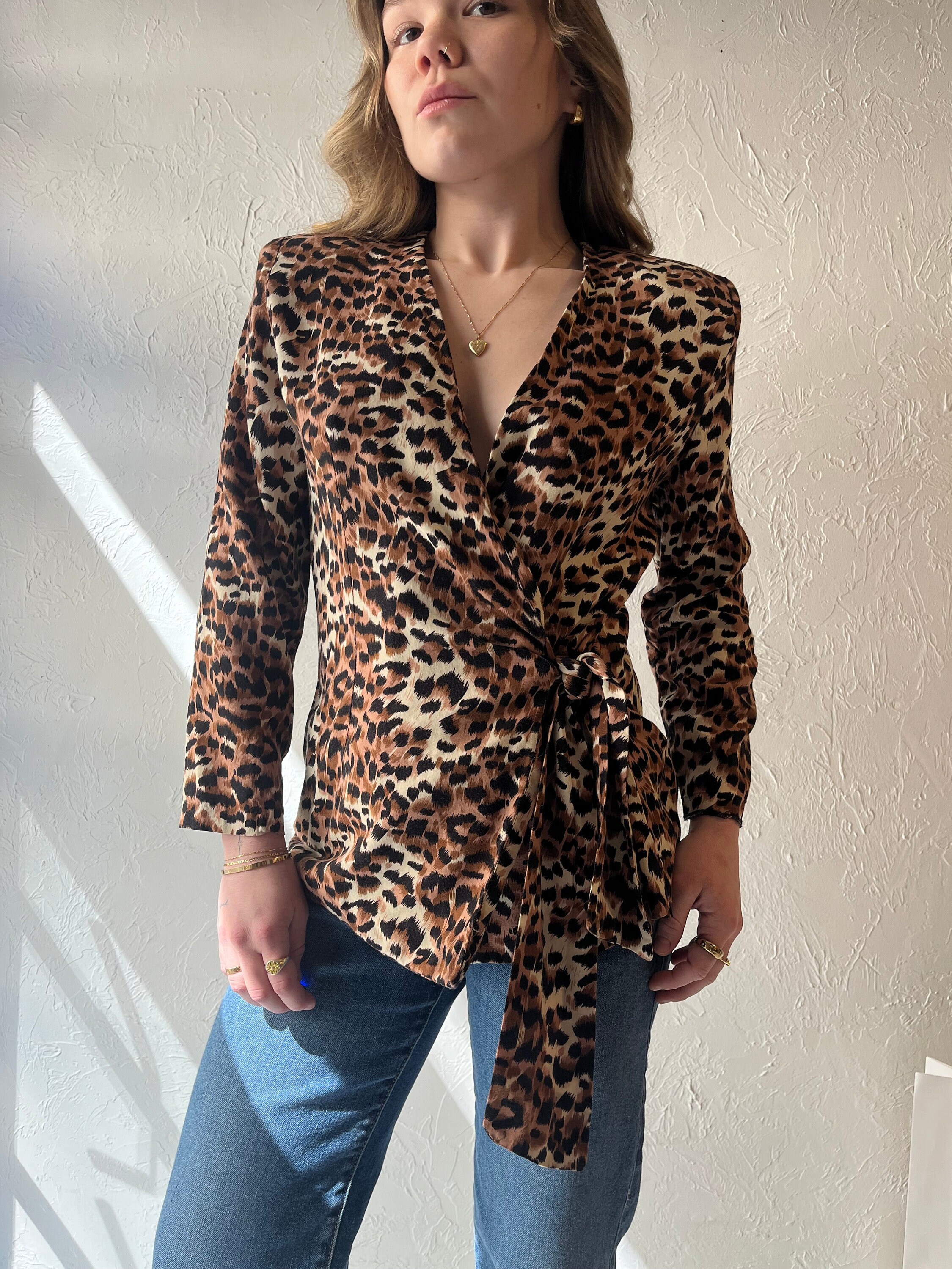 トップス 80's 90's Vintage Leopard Shirts 80s Leopard Print Shirt 90s Animal Print Blouse Long Sleeve