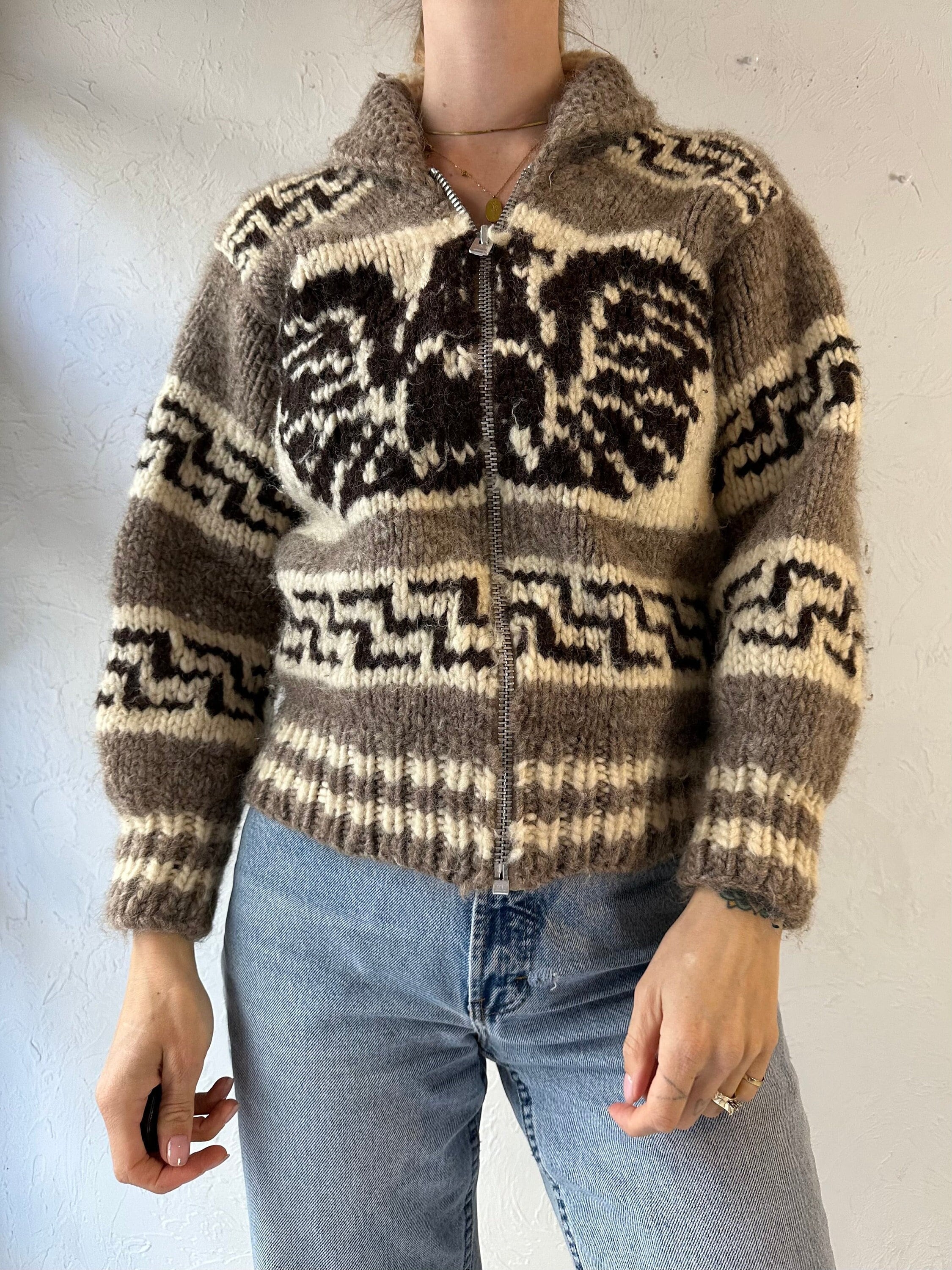 Vintage Hand Knit Zip up Wool Eagle Sweater / Small - Etsy
