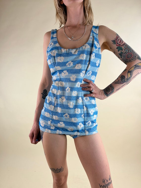 60s 70s Blue Floral Playsuit Swimsuit - image 2