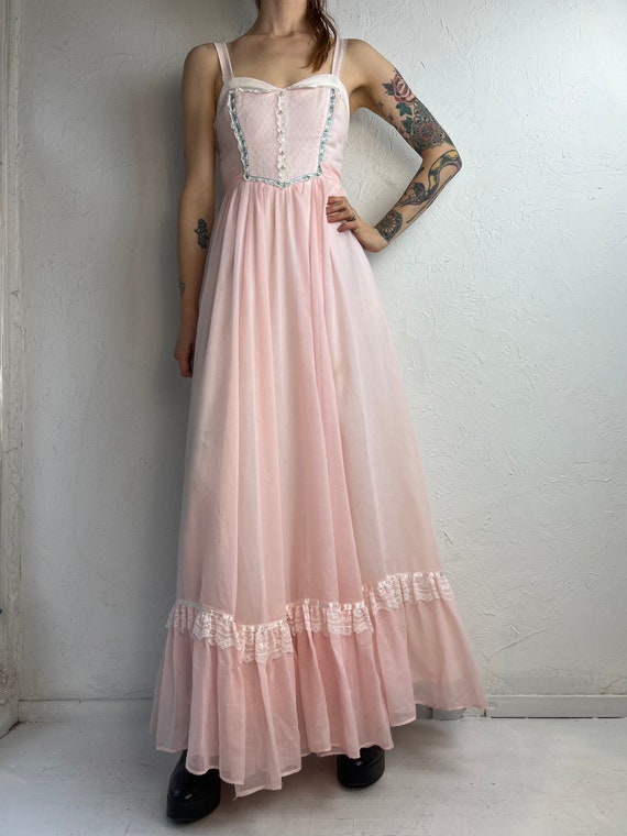 70s 'gunne Sax' Baby Pink White Lace Peasant Dress / X-small