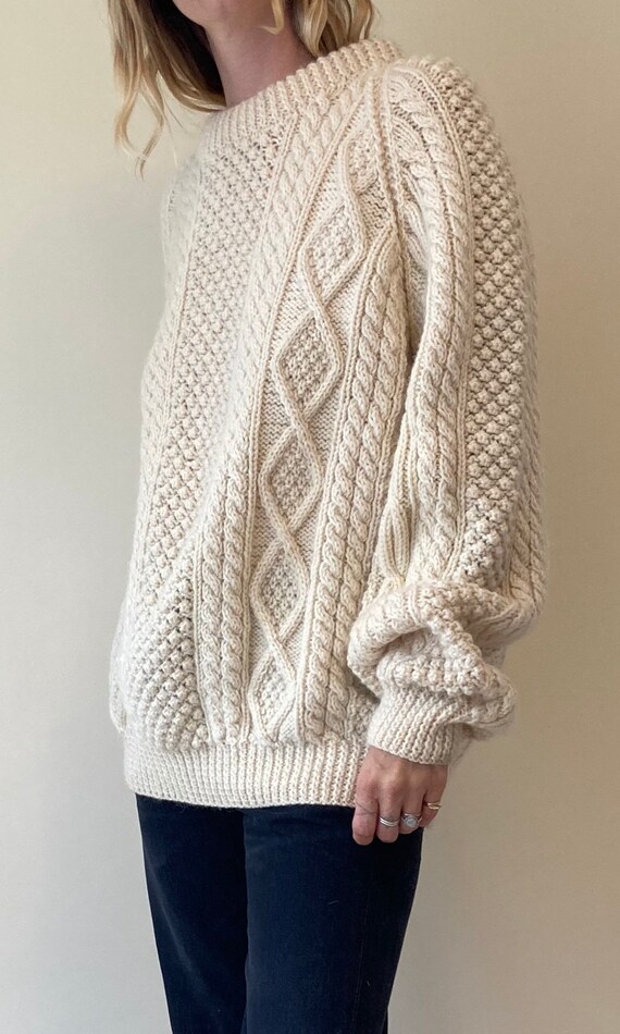 100% Wool Irish Fishermans Sweater // White Hand K