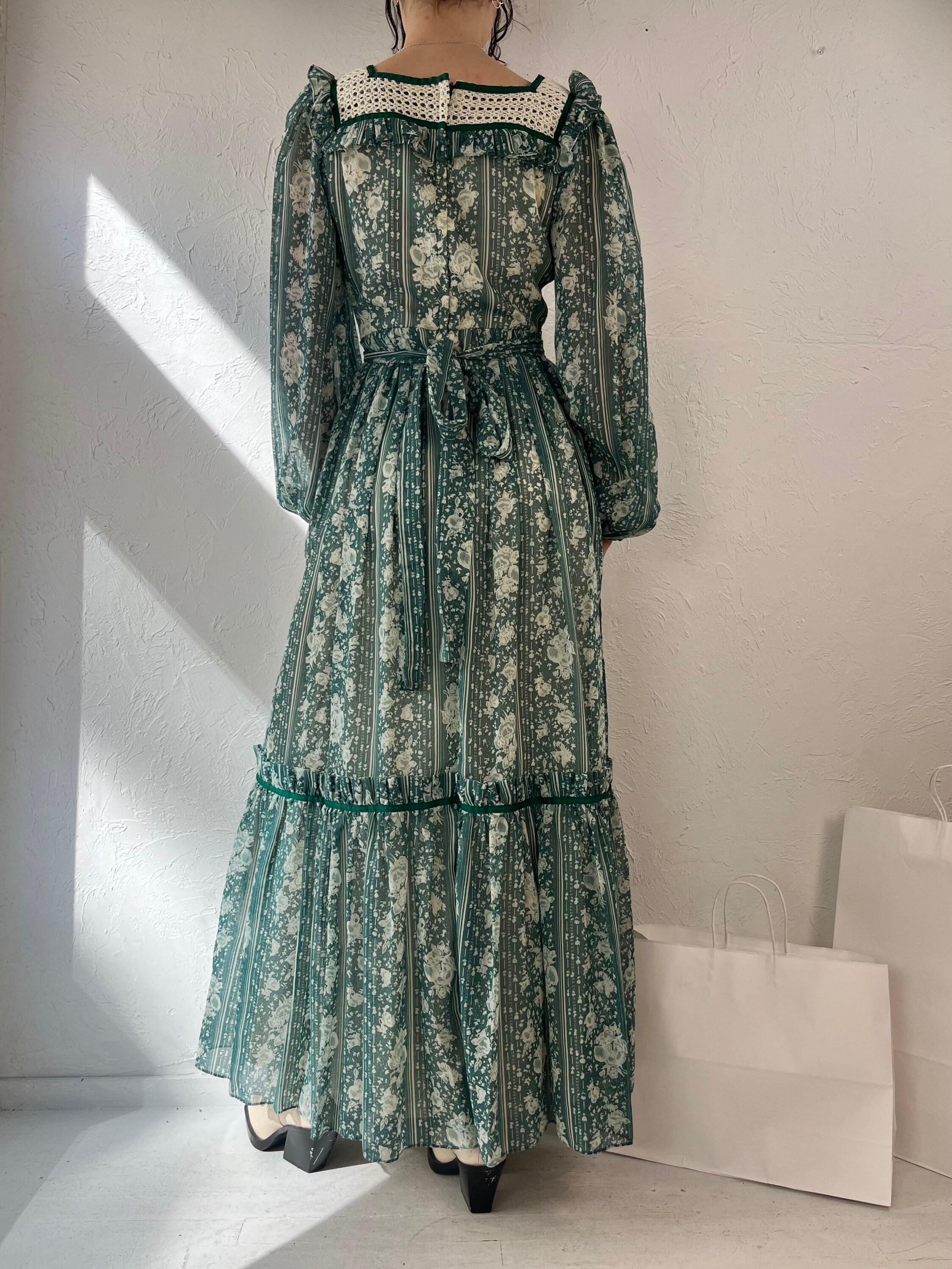 70s 'candi Jones' Green Romantic Cottage Core Peasant Prairie Maxi ...