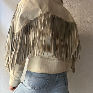 90s 'The Leather Ranch' White Leather Fringe Western Bomber Jacket / Vintage 1990s Retro Cowgirl Cropped Jacket / Small