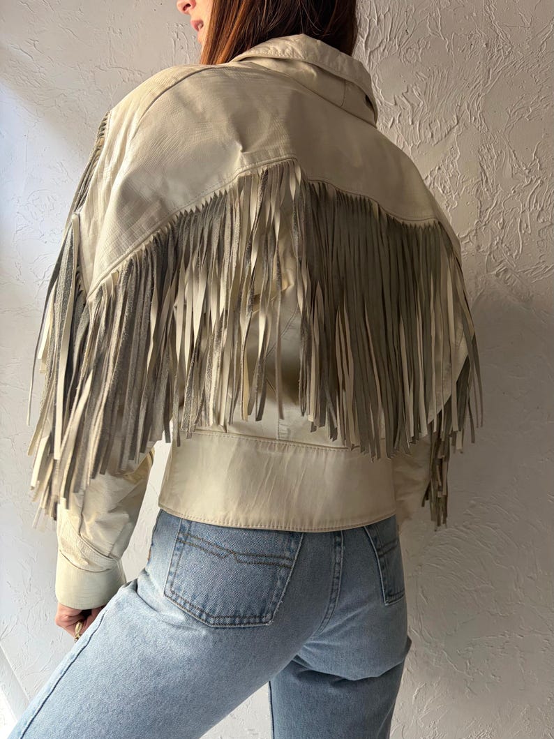 90s 'The Leather Ranch' White Leather Fringe Western Bomber Jacket / Vintage 1990s Retro Cowgirl Cropped Jacket / Small