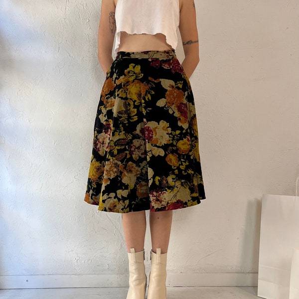 Y2k 'Tatyana' Floral Thick Cotton Velvet Midi Skirt / XS