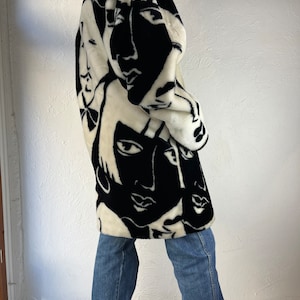 80s 'Donny Brook' Faux Fur Art Deco Picasso Black and White Faces Coat / One Size image 8