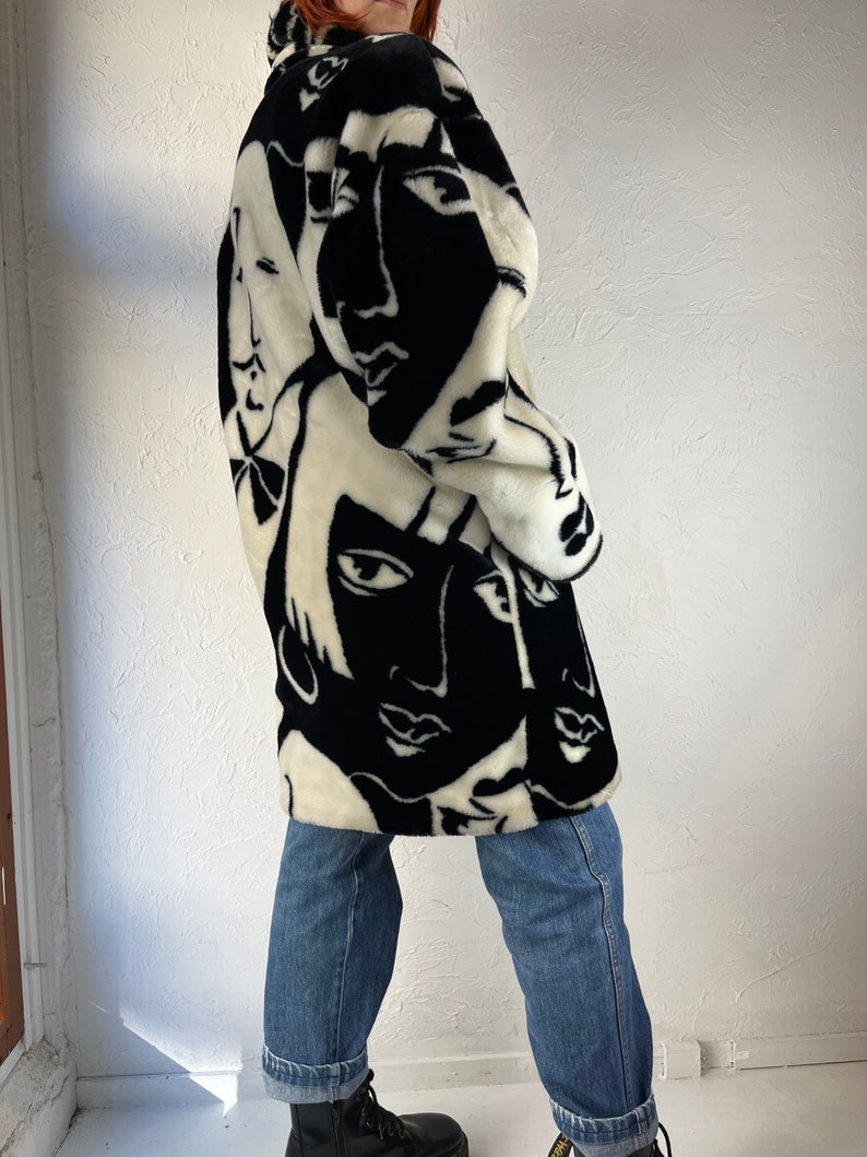 80s 'Donny Brook' Faux Fur Art Deco Picasso Black and White Faces Coat / One Size image 8