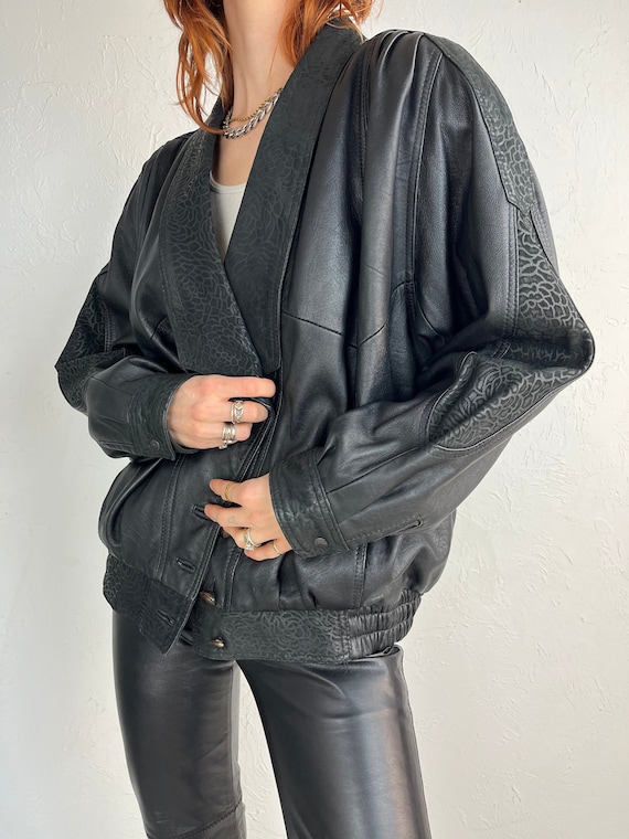 80s Black Embossed Leather Bomber Jacket / Large 