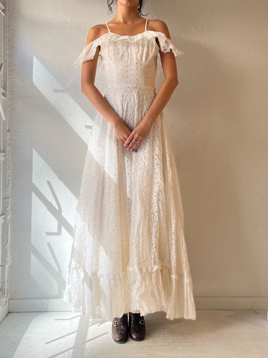eyelet lace wedding dress Graphic Lace Boho Wedding Dress with Square Neckline and Puff Sleeves