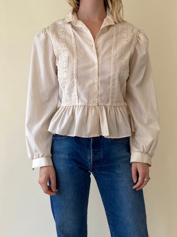 70s White Peasant Ruffle Blouse // Lace Folk Top /