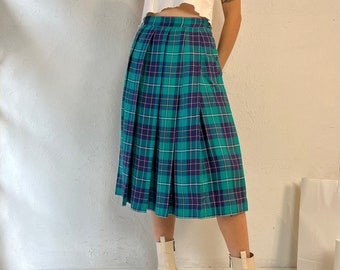 80s 'The Villagers' Teal Plaid Pleated Skirt / Small