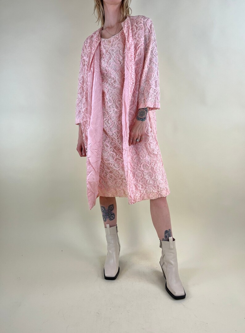 60s Pink Lace Two-Piece Dress and Coat Set / Small Medium image 1