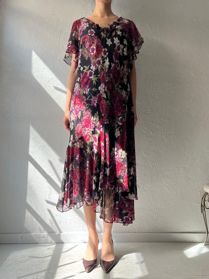Y2k 'Adrianna Papell' Floral Silk Romanic Summer Maxi Dress / XL