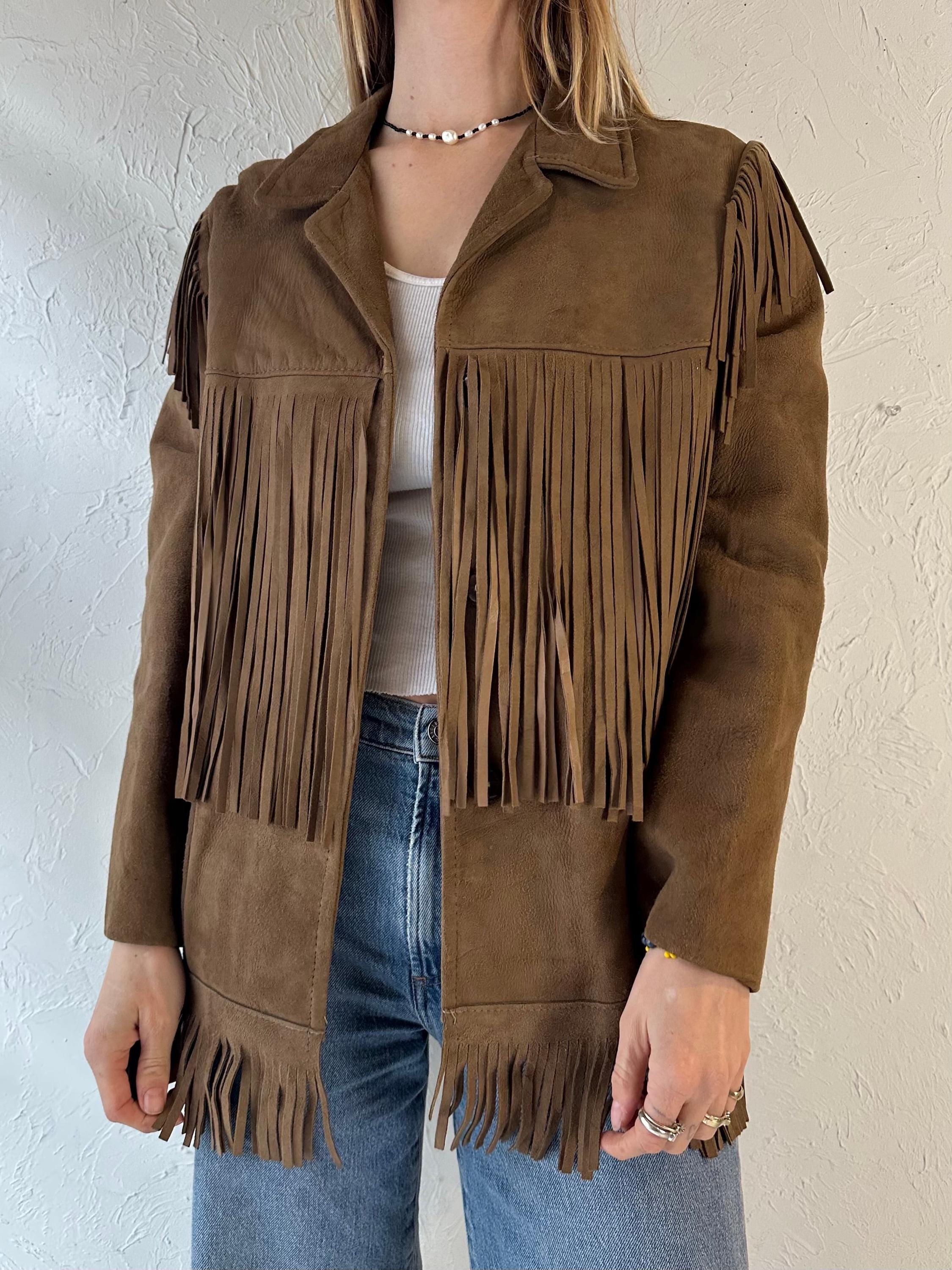 ジャケット・アウター 90s suede fringe collar Vintage 90s Light Brown Suede Fringe Coat Large Boho