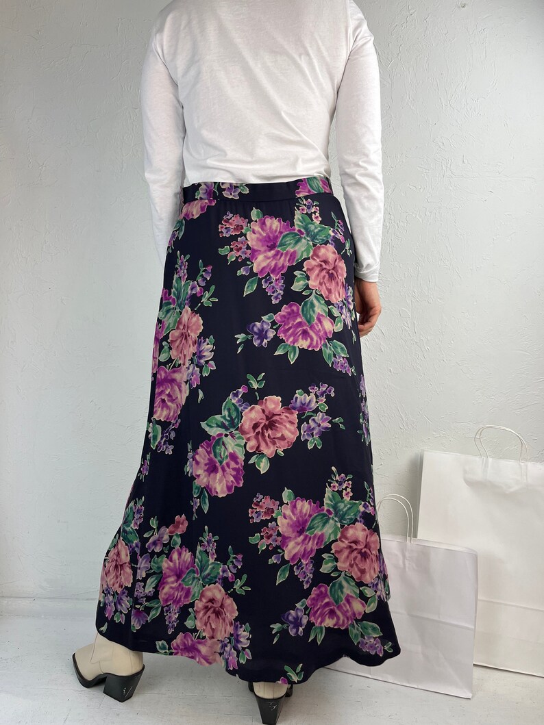 90s 'Jones New York' Floral Print Silk Maxi Skirt / Large