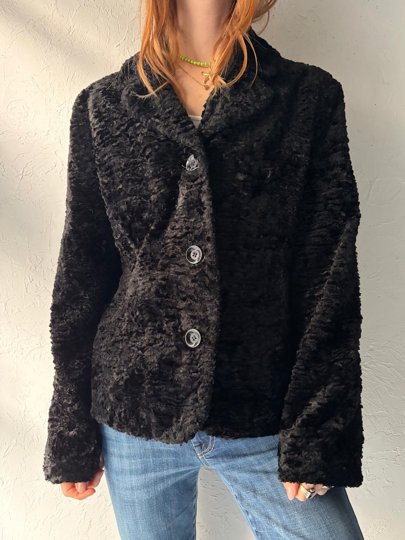 90s 'Le Chateau' Black Faux Fur Jacket / Large