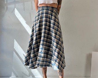 70s Blue Plaid Knit Midi Skirt / Small