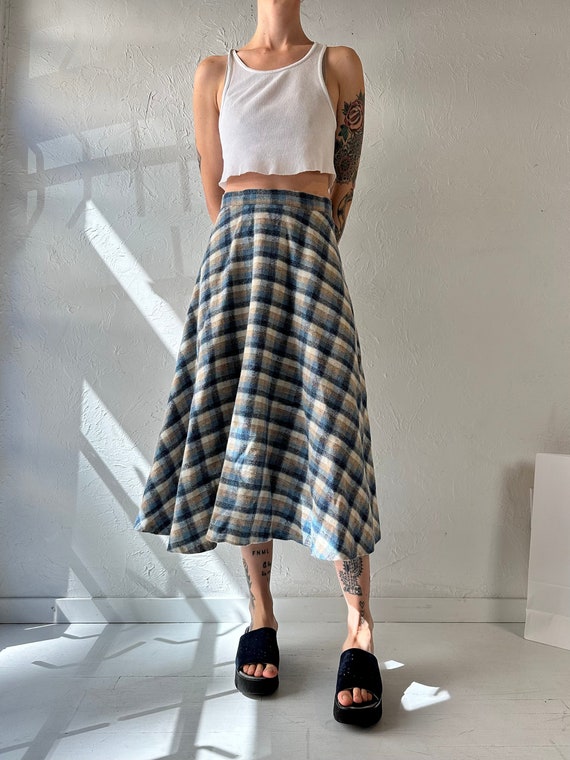 70s Blue Plaid Knit Midi Skirt Small Etsy UK