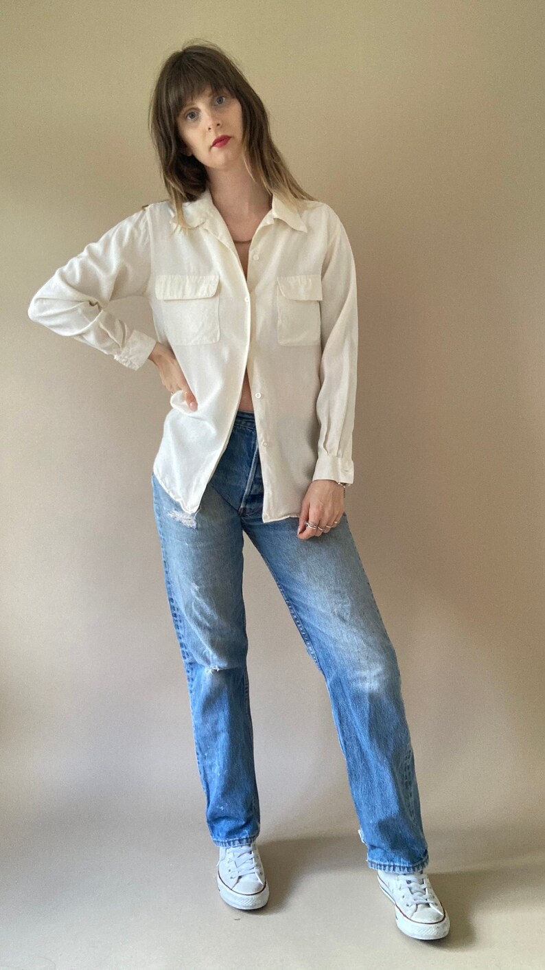 90s Cream Button Up Silk Blouse Small
