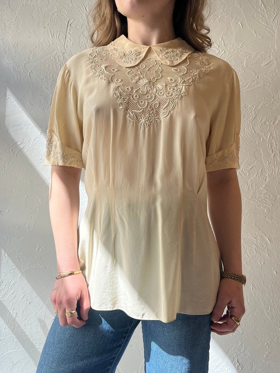 Vintage Cream Embroidered Silk Blouse / Medium - image 1