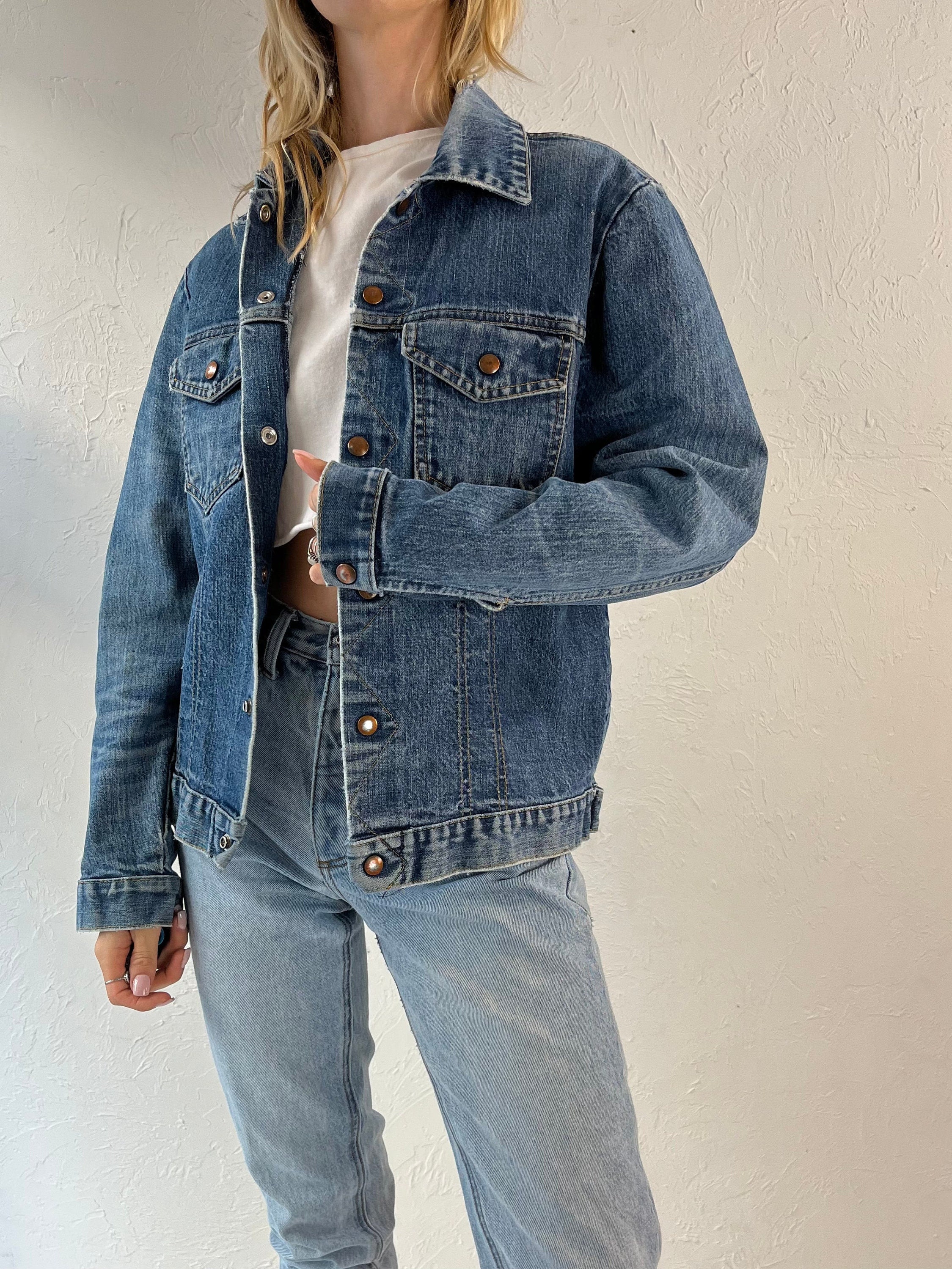 FleshFresh Vintage 90s Padded Denim Jacket from Domino Düsseldorf Italy , Retro Jean Coat, Embroidered, Lace, Velvet, Abstract Mix Pattern, Size L/XL