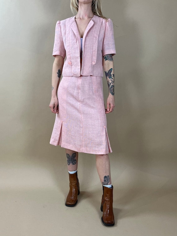 80s Pink Netted two Piece Matching Set / Skirt and Top / Small