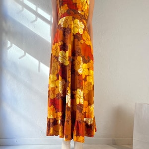 70s Yellow Orange Tropical Print Sleeveless Key Hole Maxi Dress / Made in Hawaii / Small