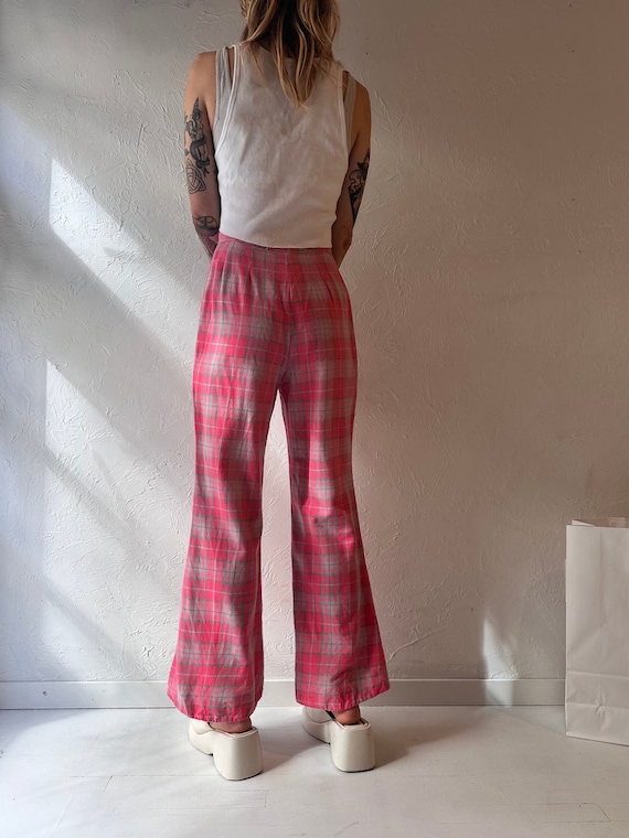 70s Pink Plaid Wool Flare Pants / Small - image 5