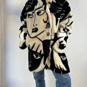 80s 'Donny Brook' Faux Fur Art Deco Picasso Black and White Faces Coat / One Size image 2