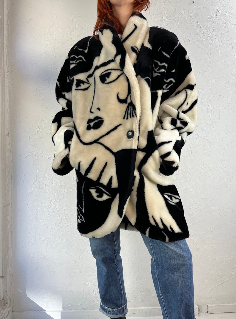 80s 'Donny Brook' Faux Fur Art Deco Picasso Black and White Faces Coat / One Size image 2